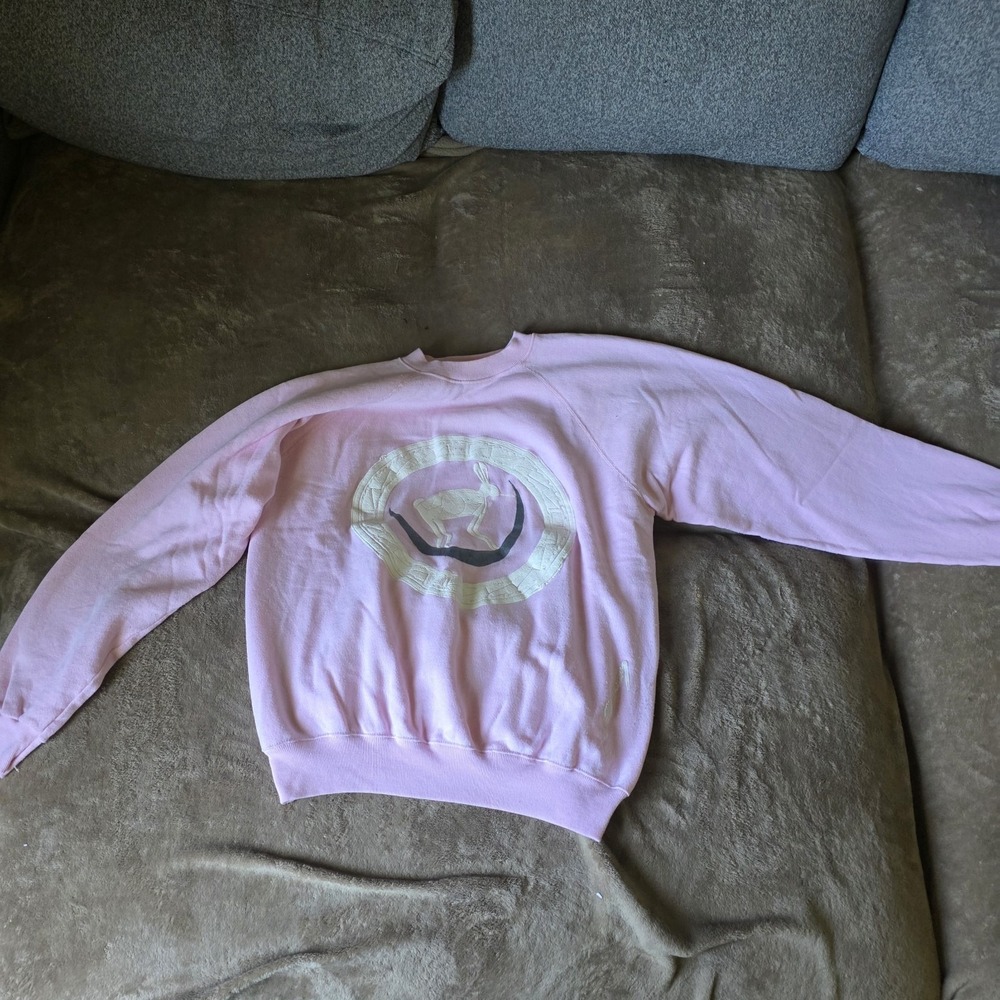 VTG 80s Hanes Pink Sweatshirt XL Made in USA Artsy Hare Moon Print Raglan